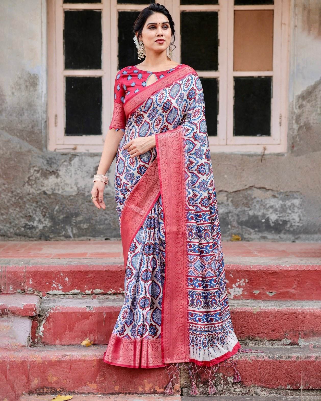 White and Red Tussar Silk Saree with Vibrant Floral Geometric Motifs and Ornamental Zari Border - SEEANS