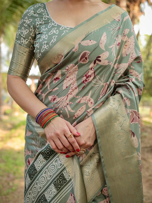 Graceful Olive Green Tussar Silk Saree with Intricate Beige and Maroon Botanical Print and Zari Border - SEEANS