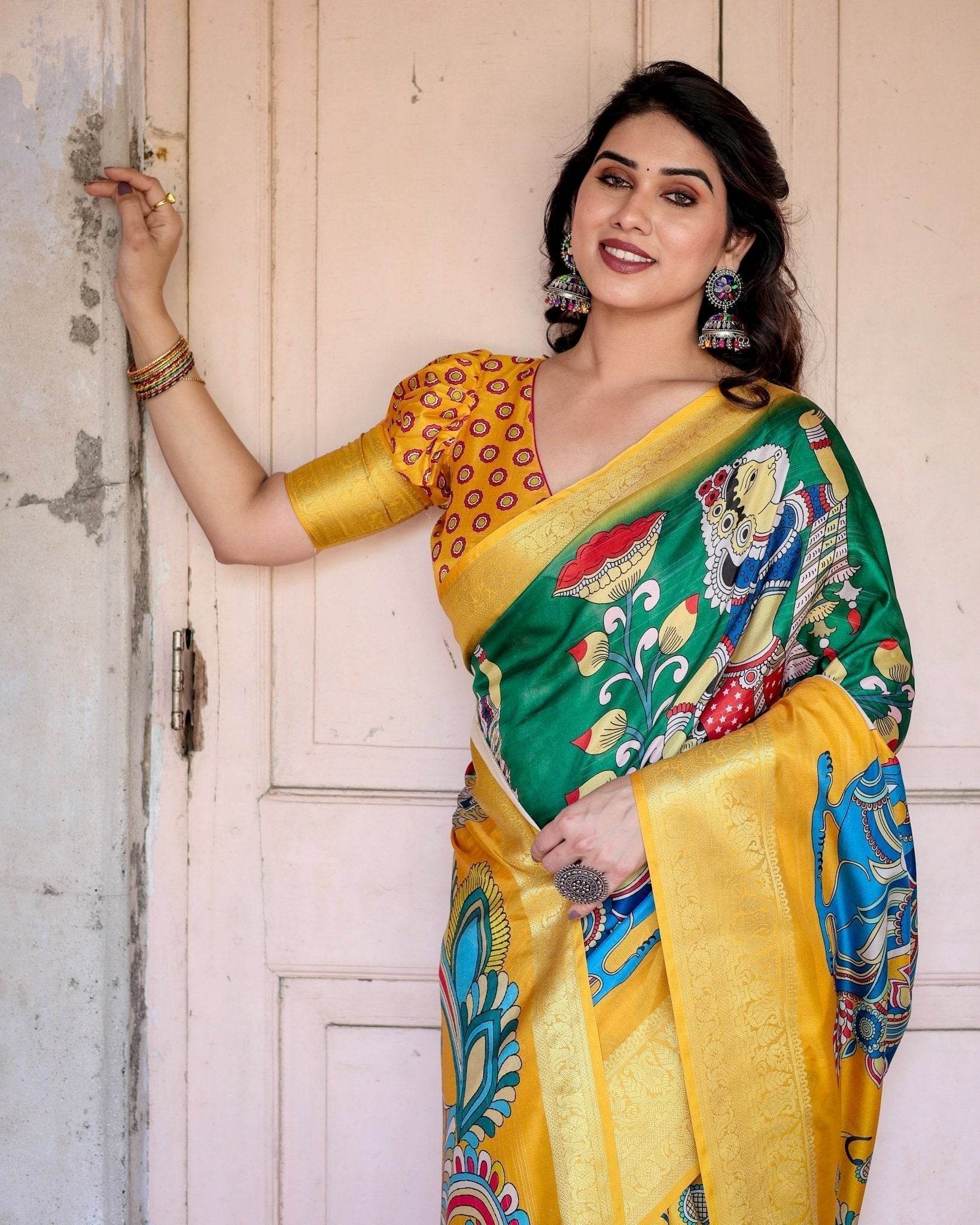 Golden Yellow Tussar Silk Saree with Vibrant Peacock Kalamkari Motifs - SEEANS