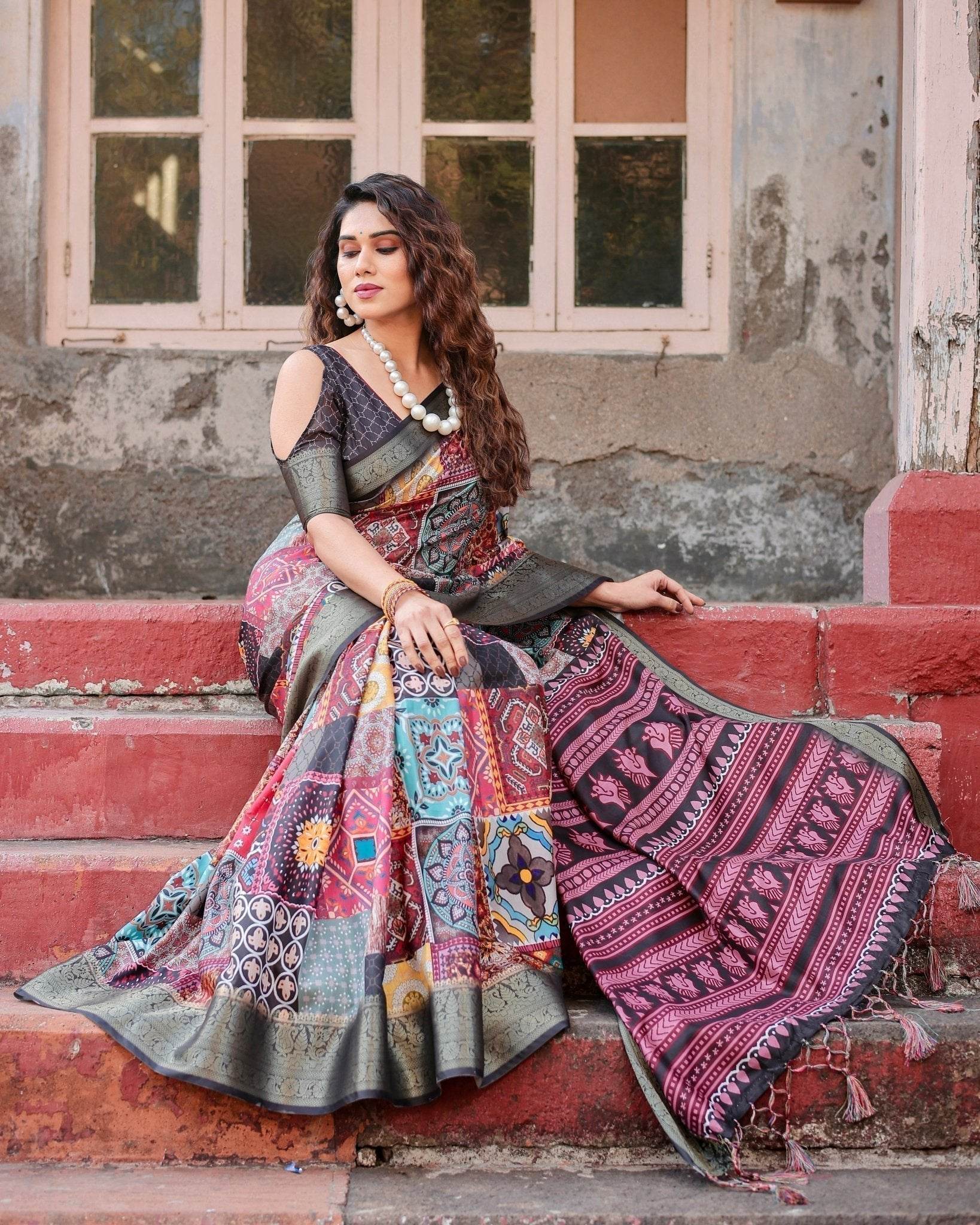 Multicolor Tussar Silk Saree with Ornamental Patchwork and Olive Zari Border - SEEANS