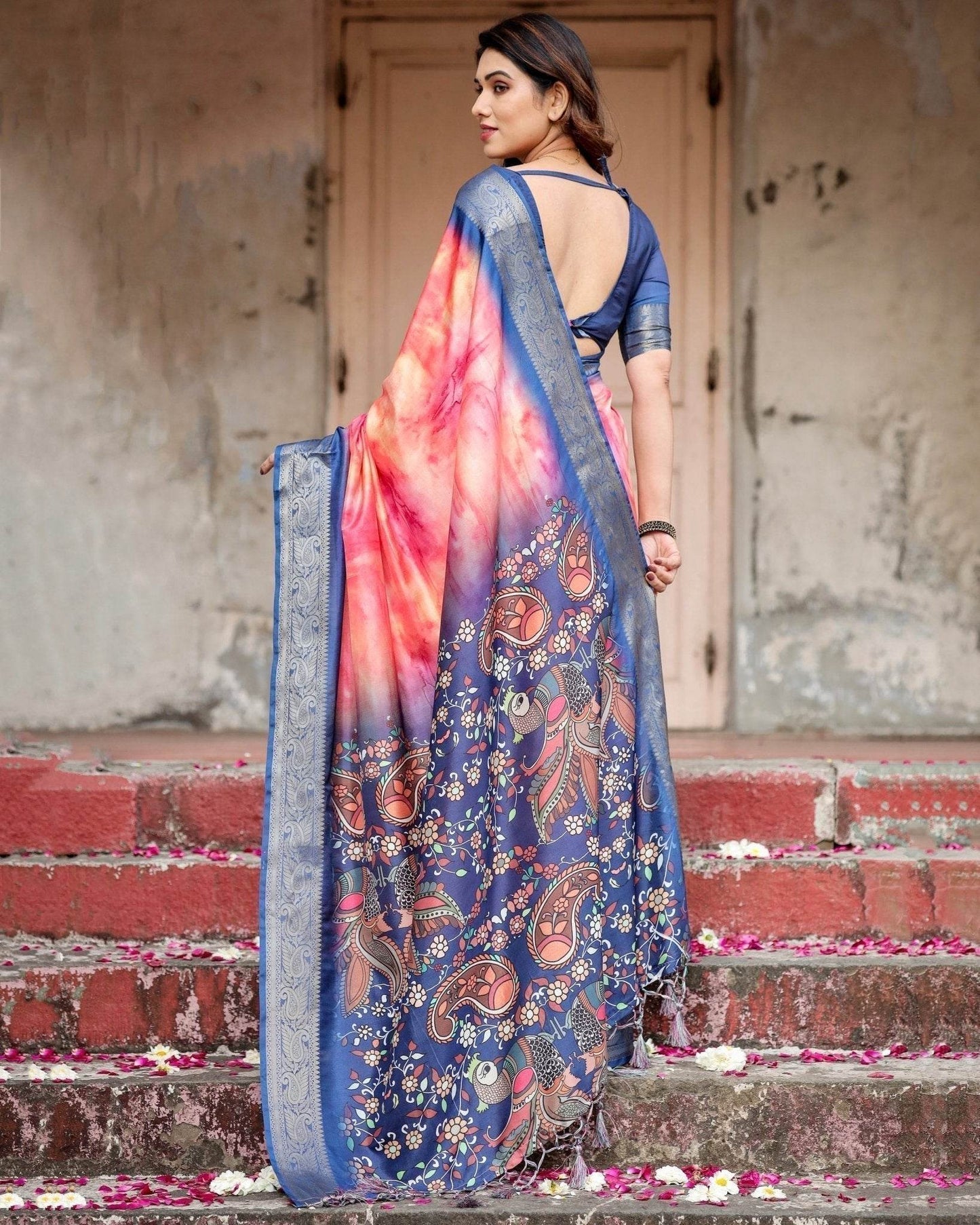 Pink and Blue Digital Printed Saree with Peacock Motif and Tassel Detail - SEEANS