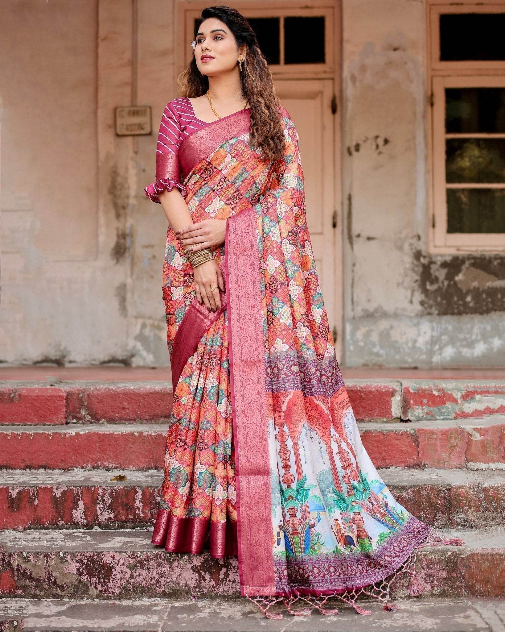 Maroon Tussar Silk Saree with Vibrant Geometric Tile Print and Zari Paisley Border - SEEANS