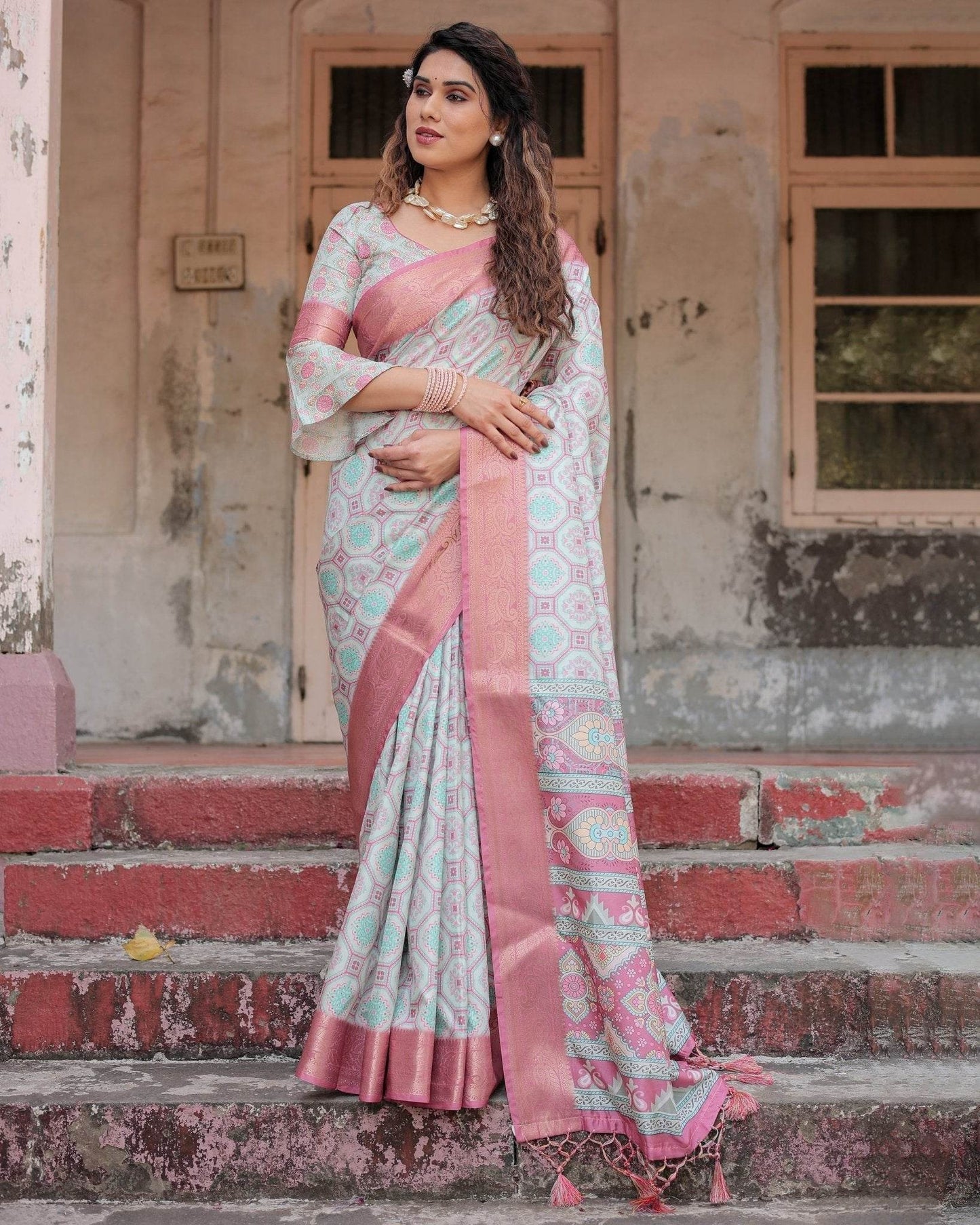 Pastel Pink and Mint Green Geometric Tussar Silk Saree with Zari Paisley Border - SEEANS