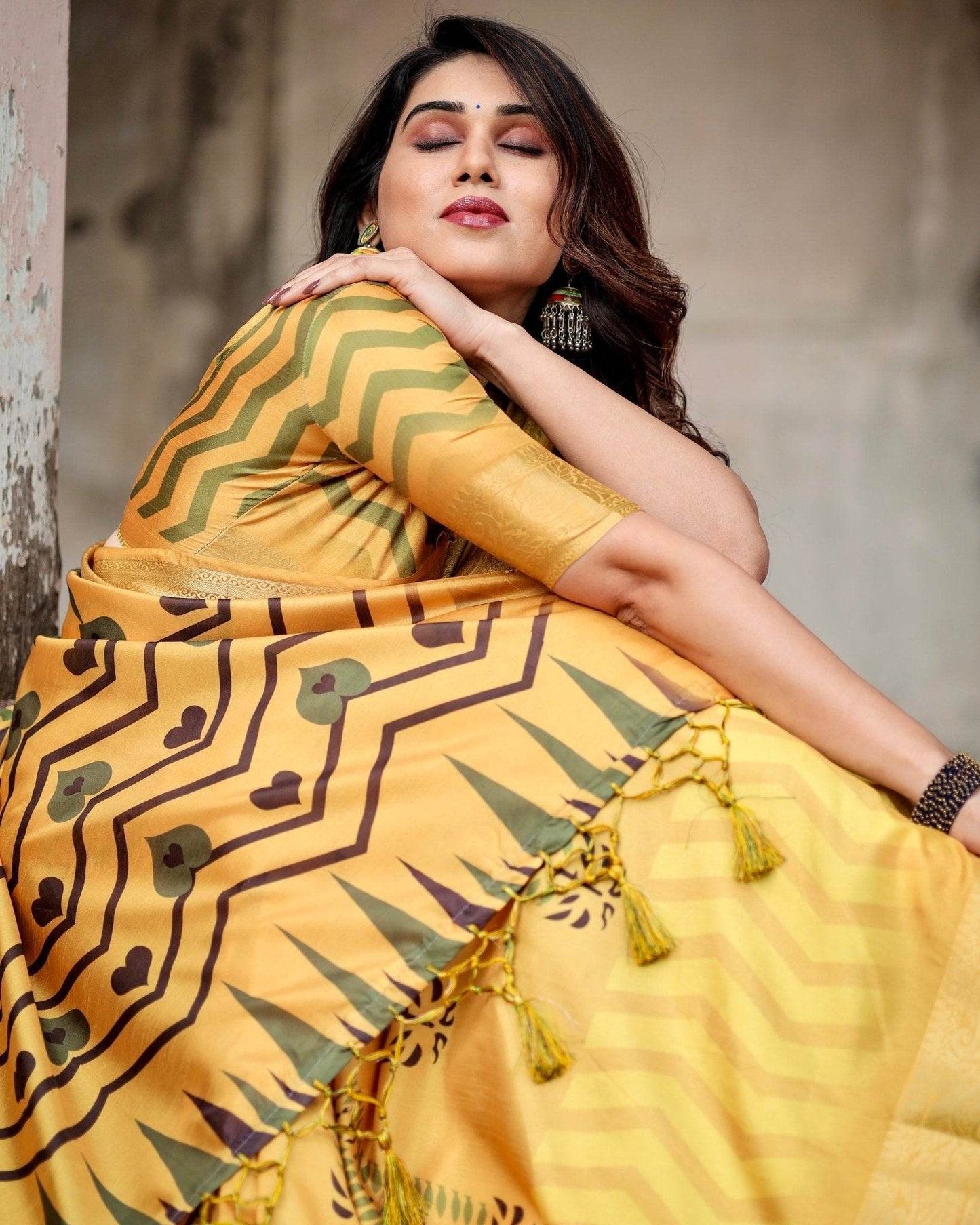 Golden Yellow Digital Printed Saree with Abstract Patterns and Tassel Detailing - SEEANS