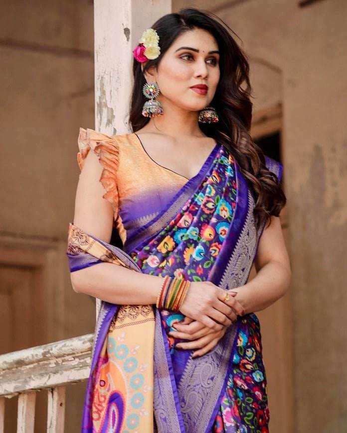 Royal Purple Tussar Silk Saree with Vibrant Floral Print and Peacock Motif Pallu - SEEANS