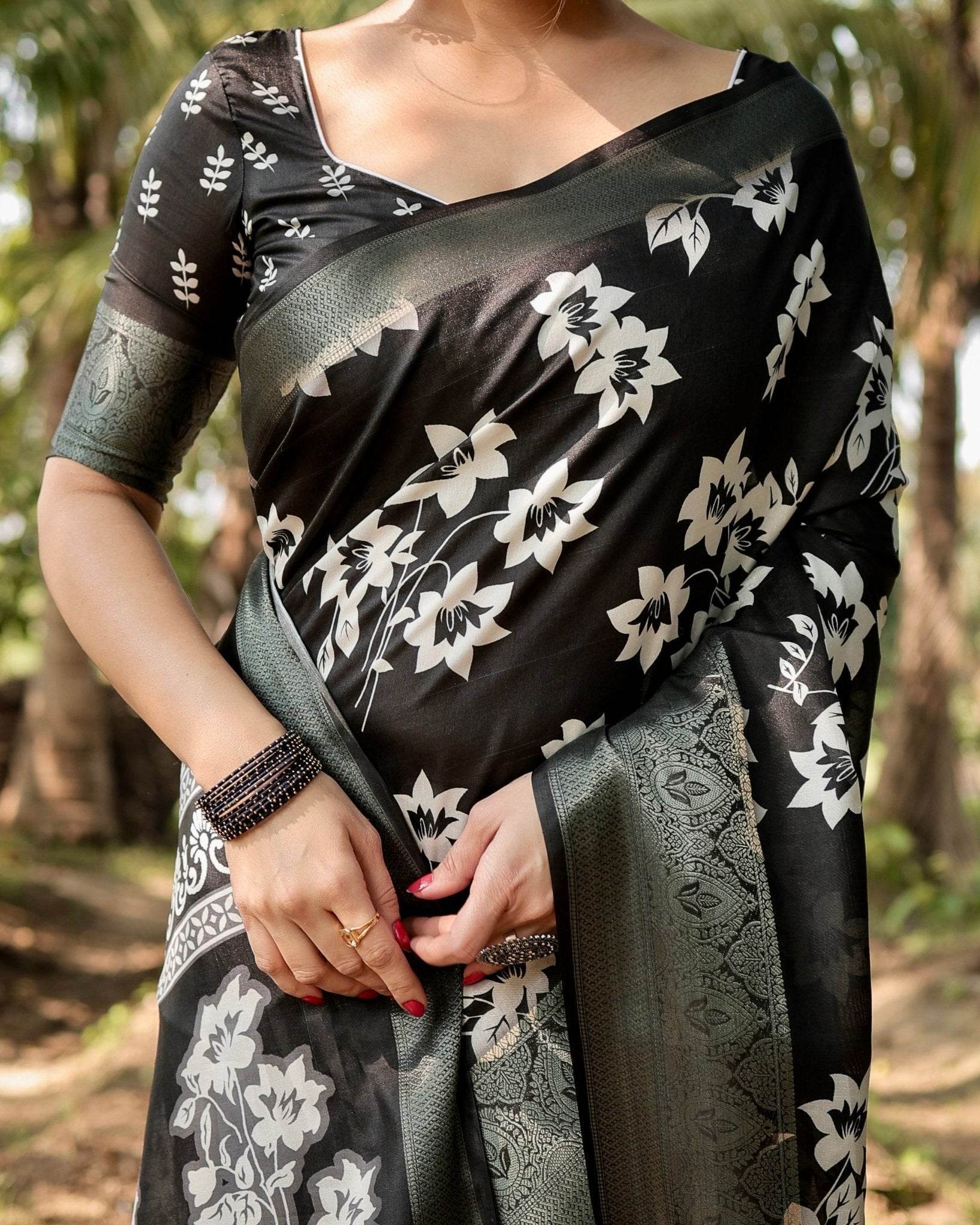 Elegant Black Tussar Silk Saree with Zari Embellished Border and Bold Floral Pallu - SEEANS