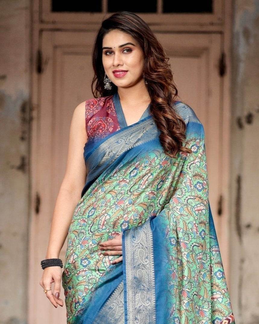 Majestic Blue and Green Digital Print Saree with Intricate Floral Motifs and Contrasting Pallu - SEEANS