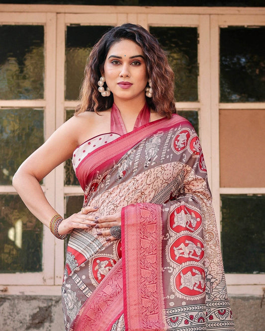 Beige and Red Tussar Silk Saree with Traditional Motifs and Ornamental Zari Border - SEEANS