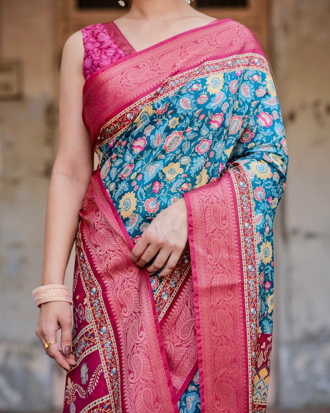 Teal Blue and Coral Tussar Silk Saree with Vibrant Floral Motifs and Ornamental Pallu - SEEANS