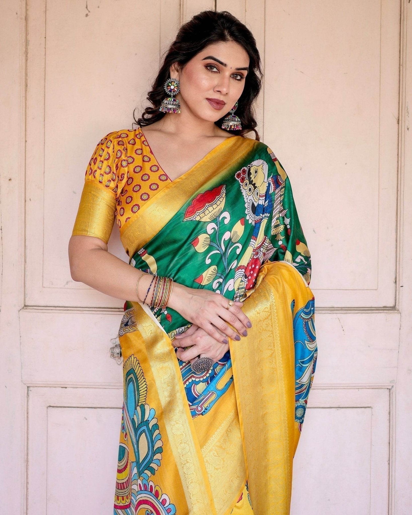 Golden Yellow Tussar Silk Saree with Vibrant Peacock Kalamkari Motifs - SEEANS