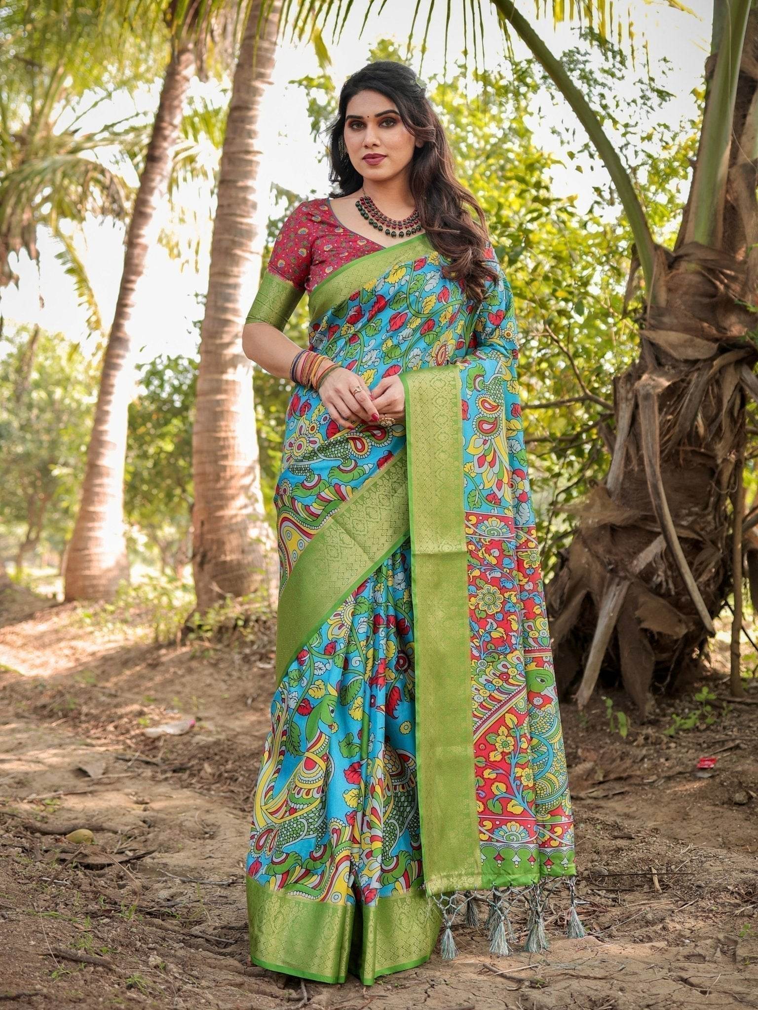 Vibrant Peacock Motif Blue and Green Tussar Silk Saree with Zari Border - SEEANS