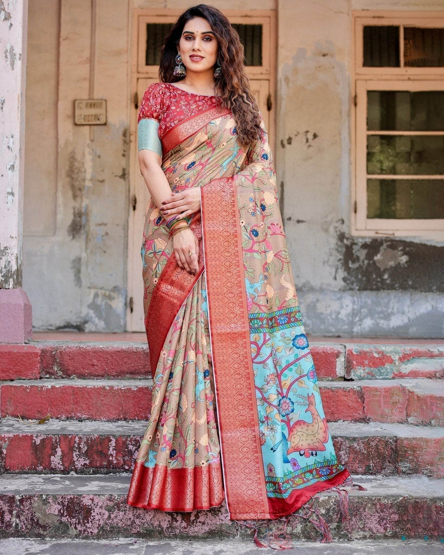 Beige Tussar Silk Saree with Vibrant Multicolor Floral Prints and Red Zari Border - SEEANS