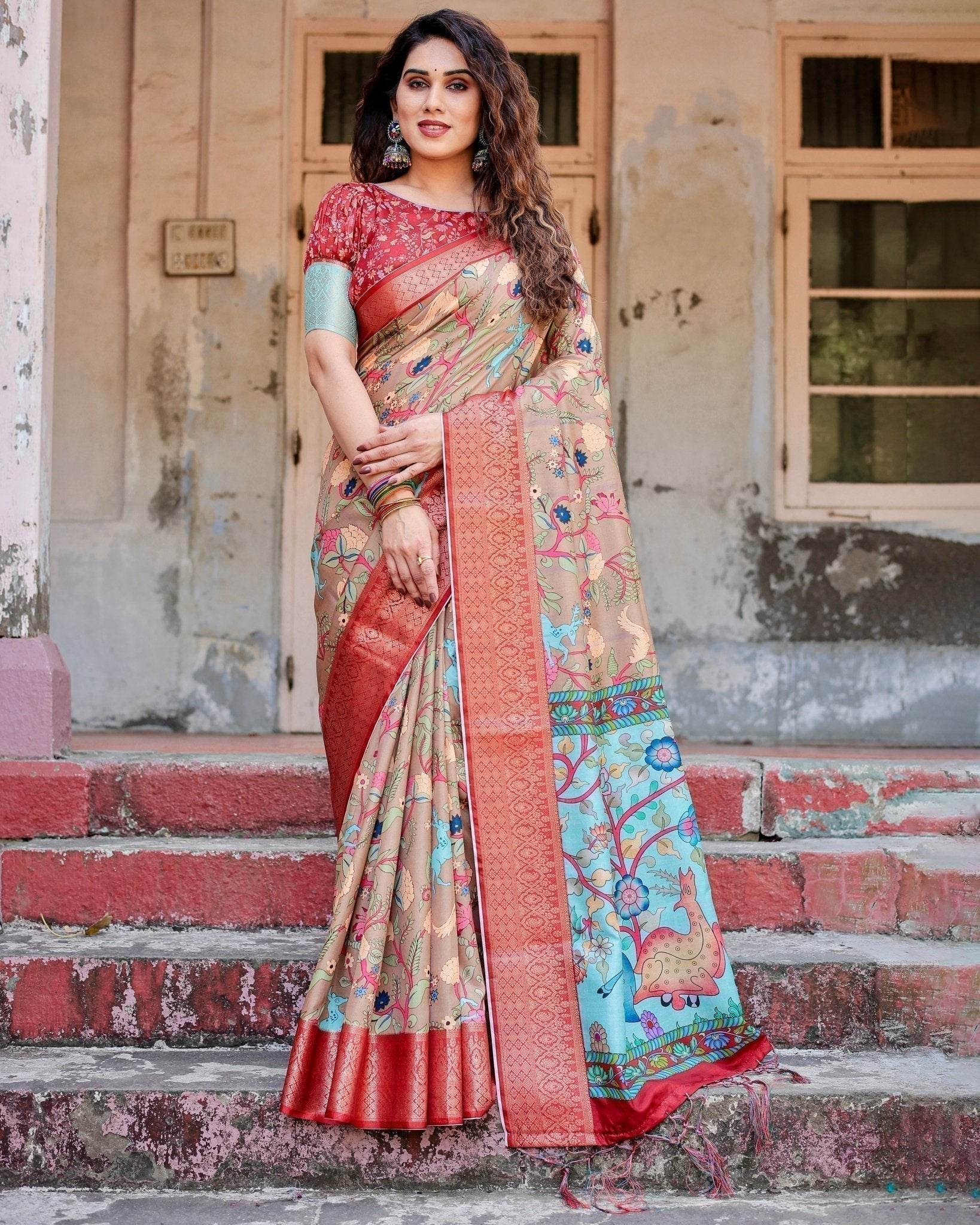 Beige Tussar Silk Saree with Vibrant Multicolor Floral Prints and Red Zari Border - SEEANS