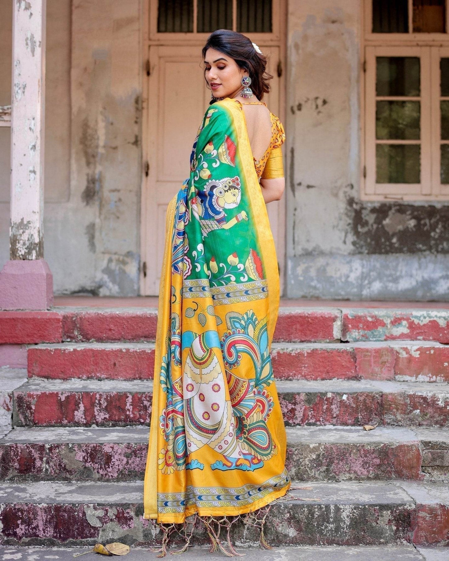 Golden Yellow Tussar Silk Saree with Vibrant Peacock Kalamkari Motifs - SEEANS