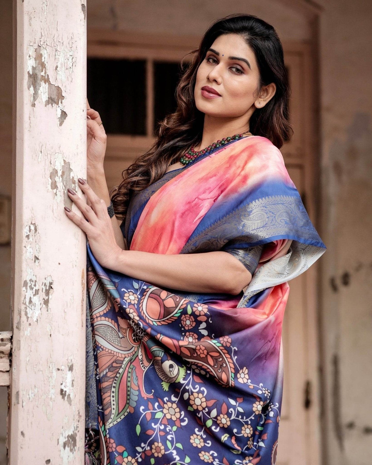 Pink and Blue Digital Printed Saree with Peacock Motif and Tassel Detail - SEEANS