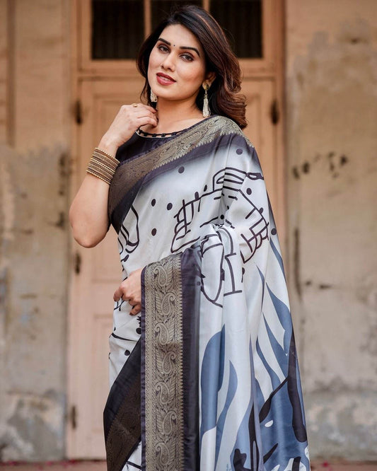 Monochrome Abstract Tussar Silk Saree with Charcoal Gray Zari Border - SEEANS