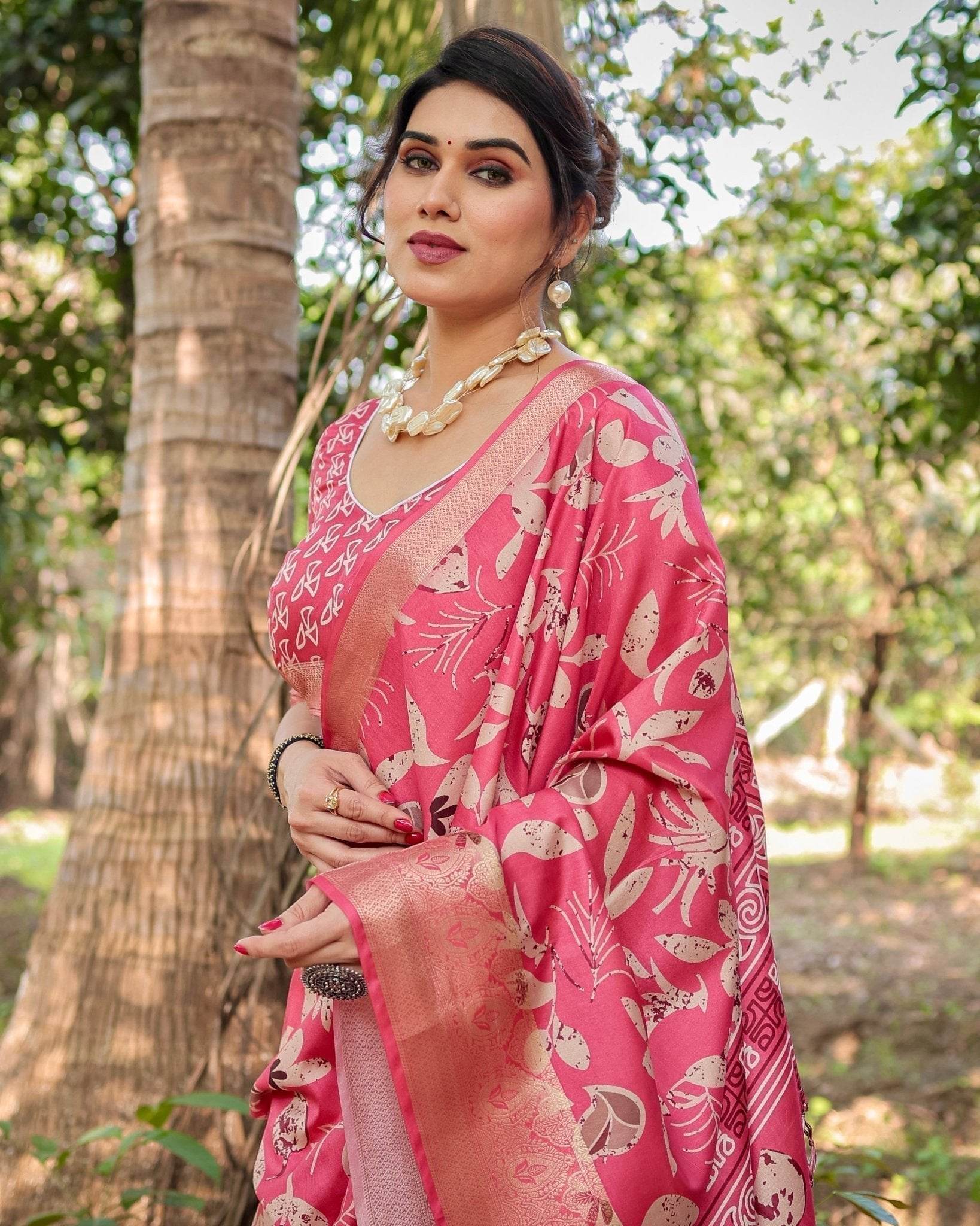 Vibrant Pink Tussar Silk Saree with Intricate Zari Border and Modern Floral Pallu - SEEANS