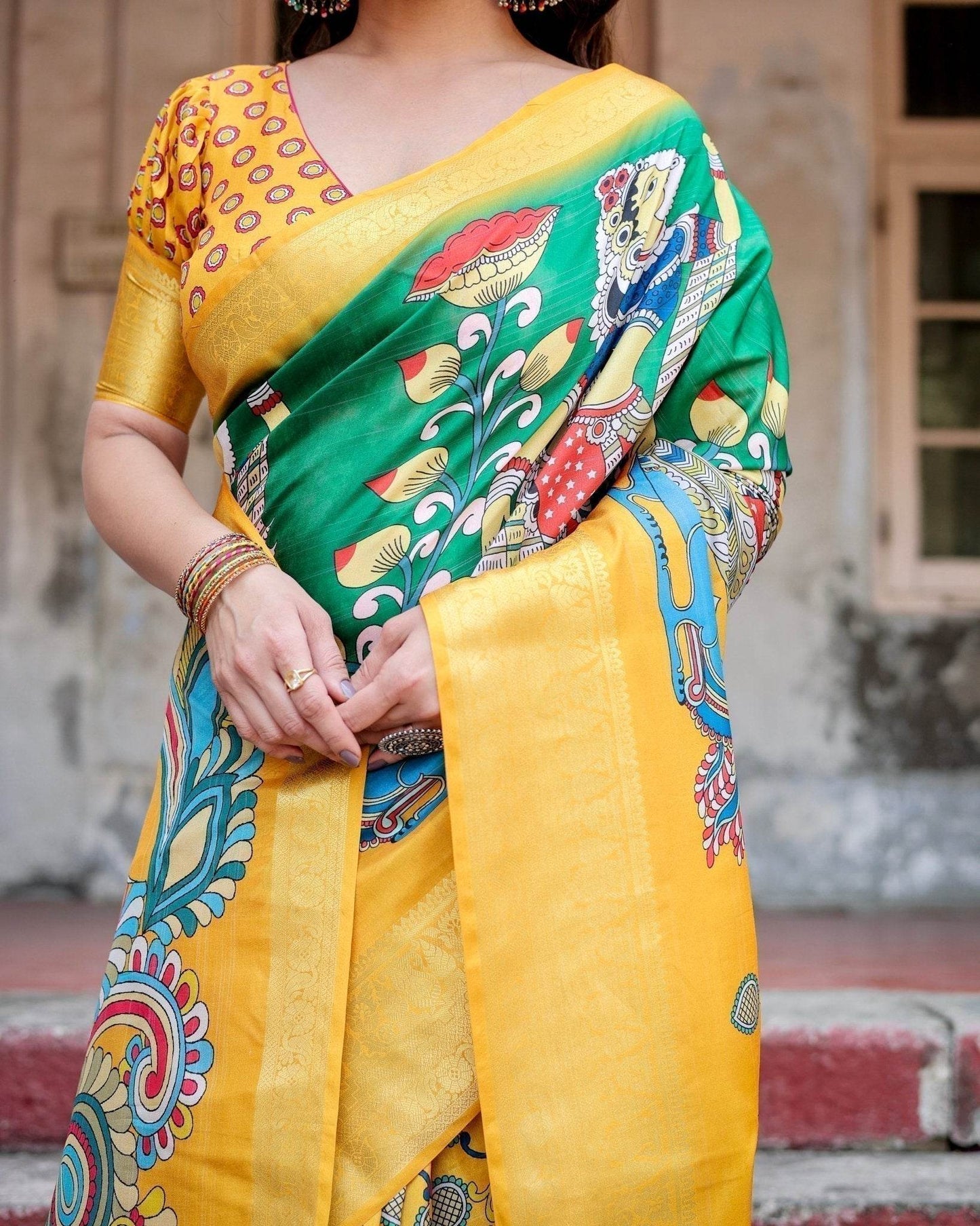 Golden Yellow Tussar Silk Saree with Vibrant Peacock Kalamkari Motifs - SEEANS