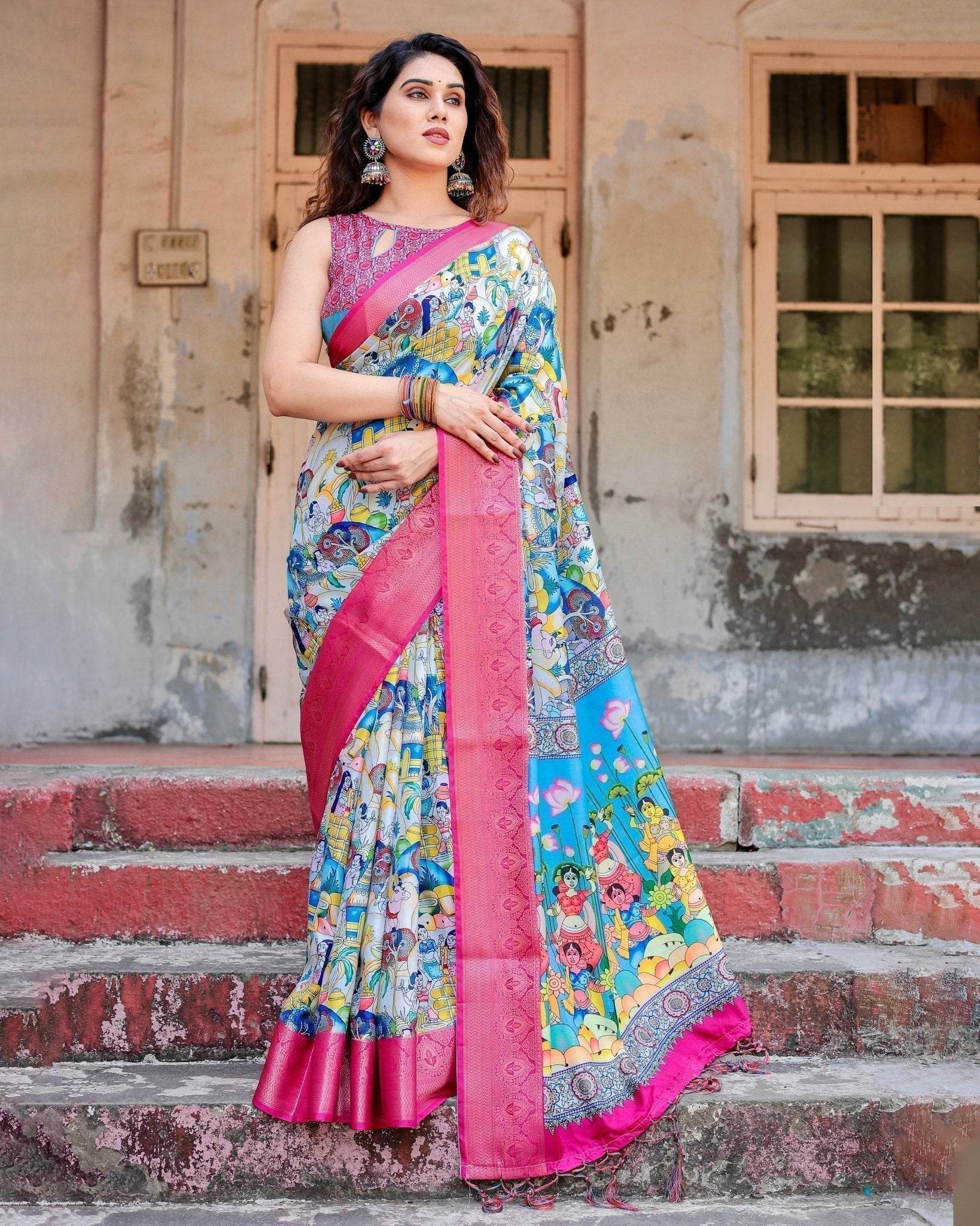 Vibrant Multicolor Digital Printed Tussar Silk Saree with Pink Zari Border - SEEANS