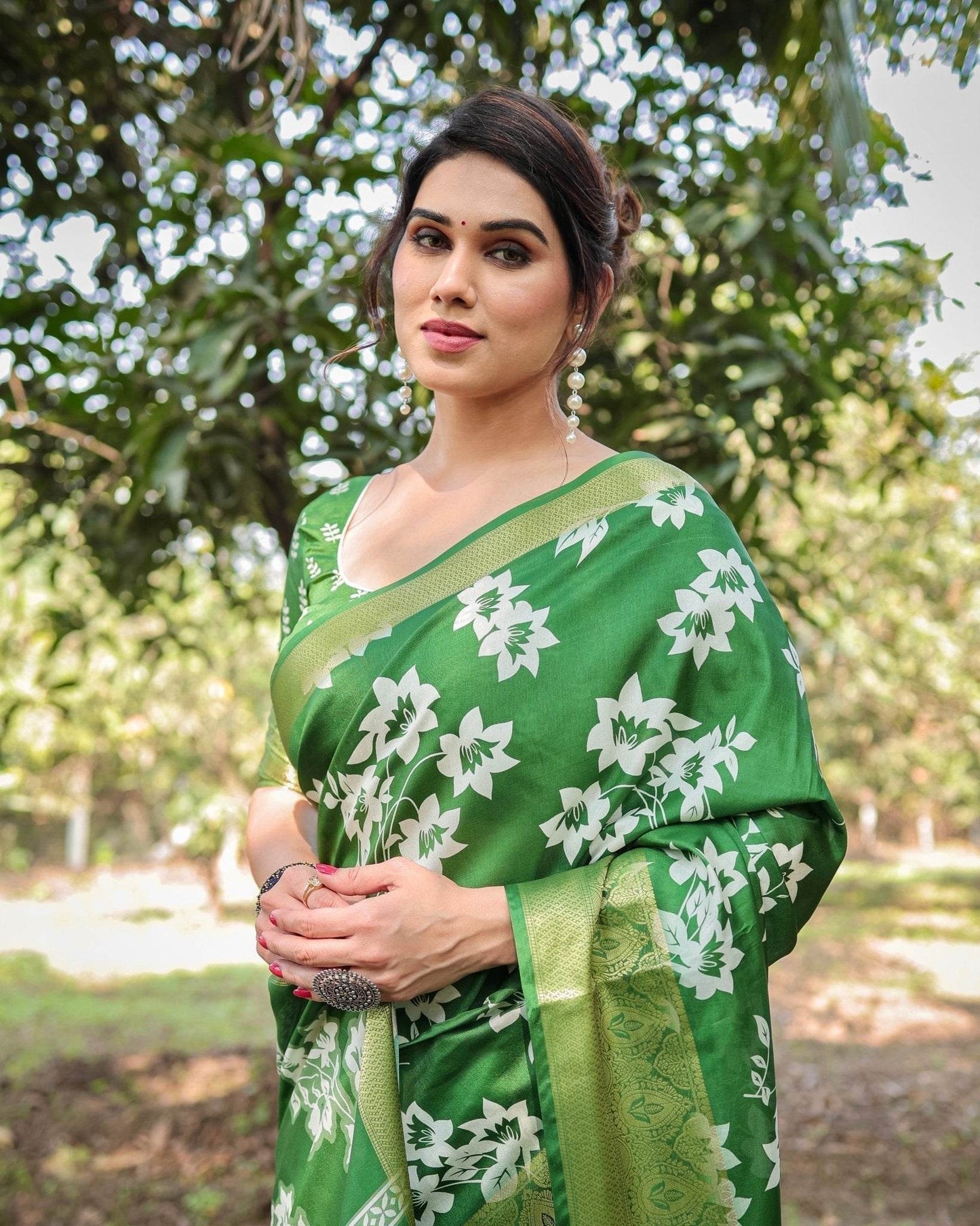 Enchanting Green Tussar Silk Saree with White Floral Prints and Zari Border - SEEANS