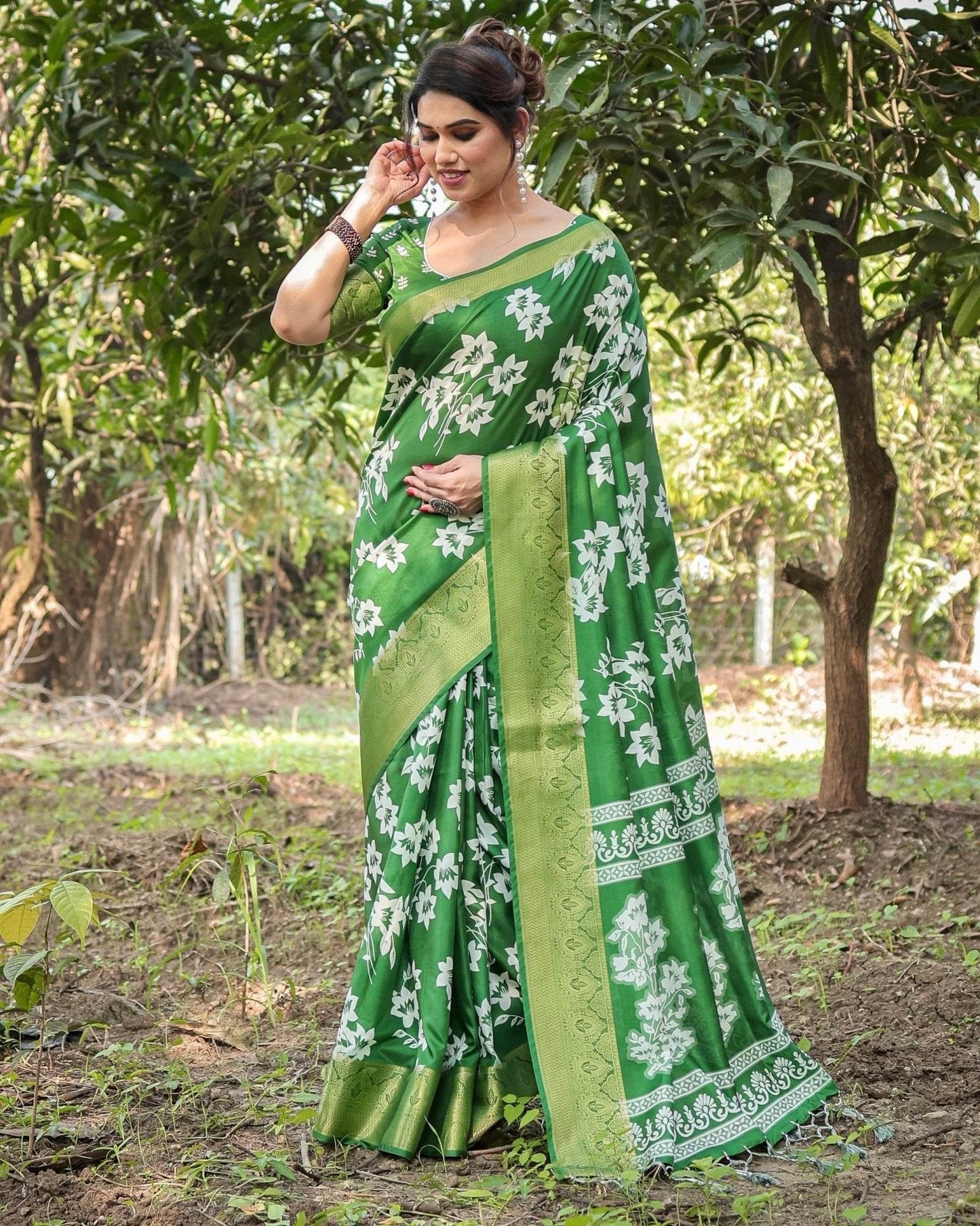 Enchanting Green Tussar Silk Saree with White Floral Prints and Zari Border - SEEANS