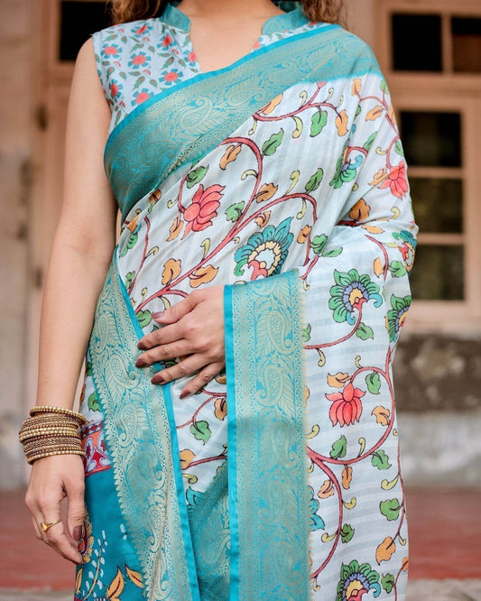 Sky Blue Tussar Silk Saree with Multicolor Floral Design and Zari Paisley Border - SEEANS