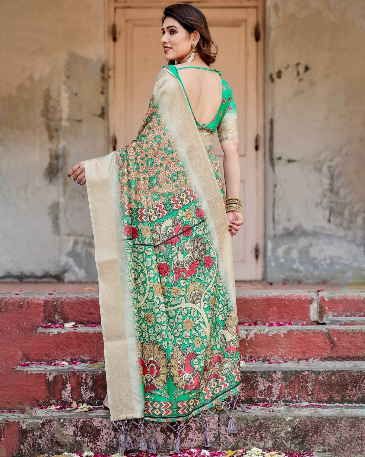 Emerald Green and Gold Tussar Silk Saree with Floral and Ornamental Motifs - SEEANS