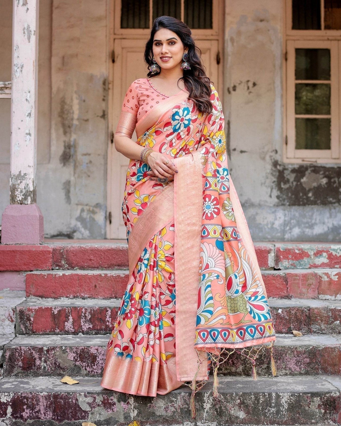 Peach Tussar Silk Saree with Vibrant Floral Kalamkari and Zari Highlights - SEEANS