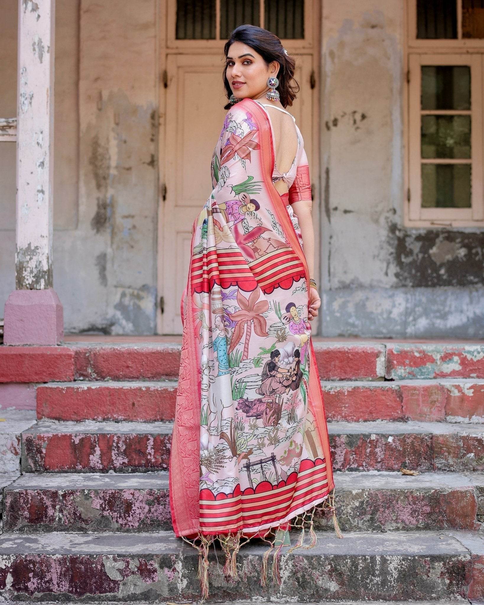 Blush Pink Digital Print Tussar Silk Saree with Vibrant Storyline Art - SEEANS