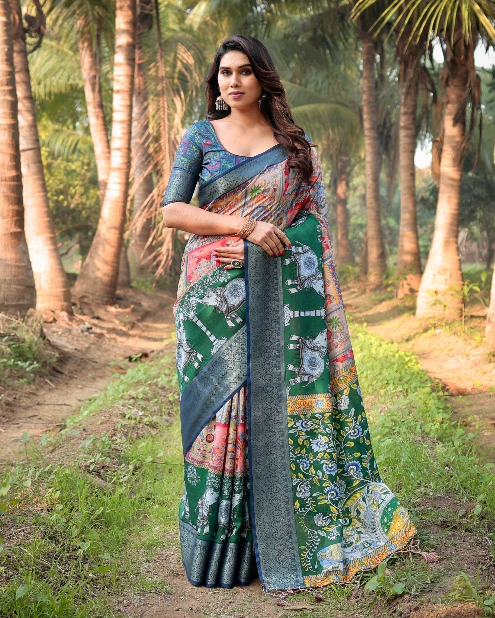 Multicolored Digital Print Tussar Silk Saree with Intricate Zari Border and Elephant Motif Pallu - SEEANS