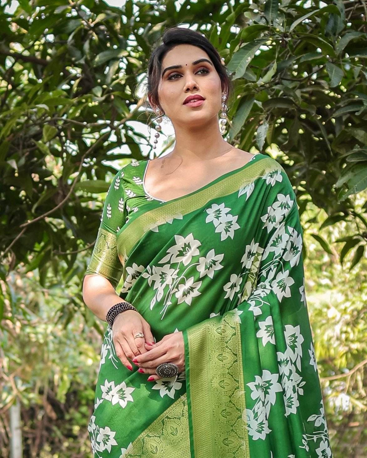 Enchanting Green Tussar Silk Saree with White Floral Prints and Zari Border - SEEANS