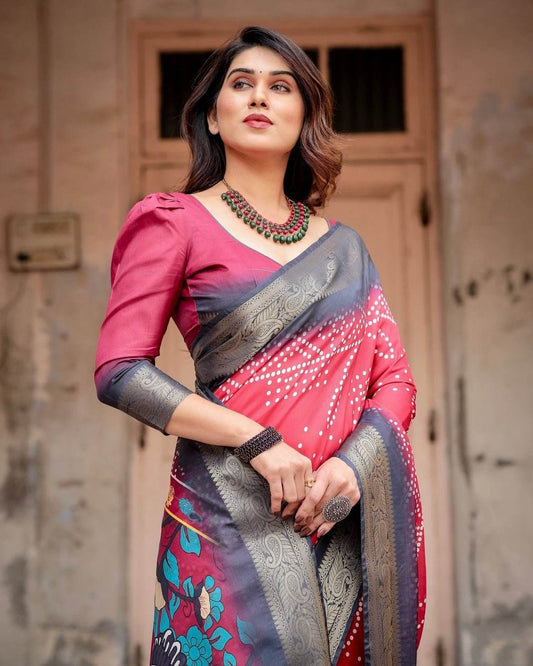 Crimson Red Tussar Silk Saree with Bandhani Patterns, Zari Border, and Vibrant Artistic Pallu - SEEANS