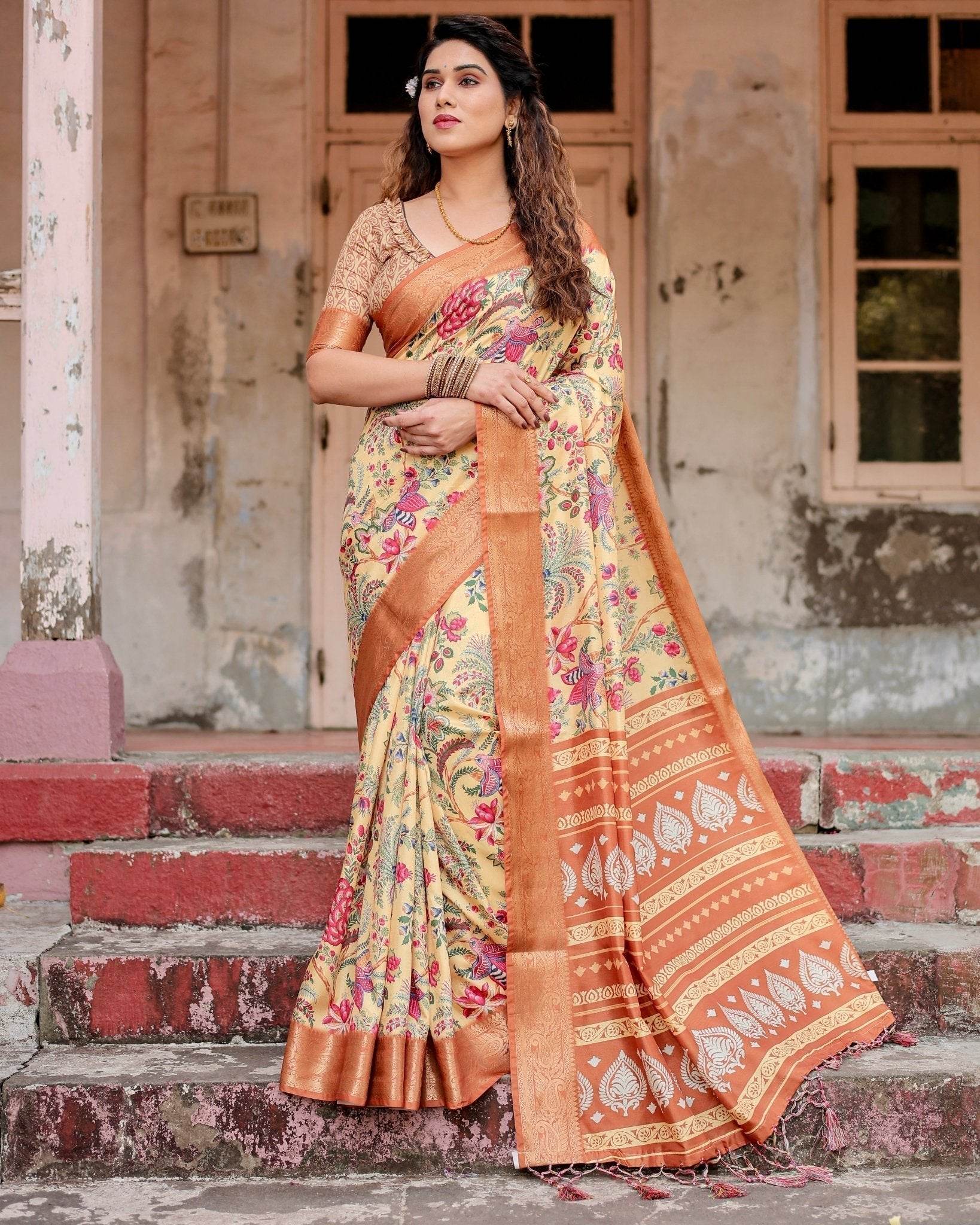 Golden Beige Tussar Silk Saree with Floral Paradise Print and Ornate Zari Border - SEEANS