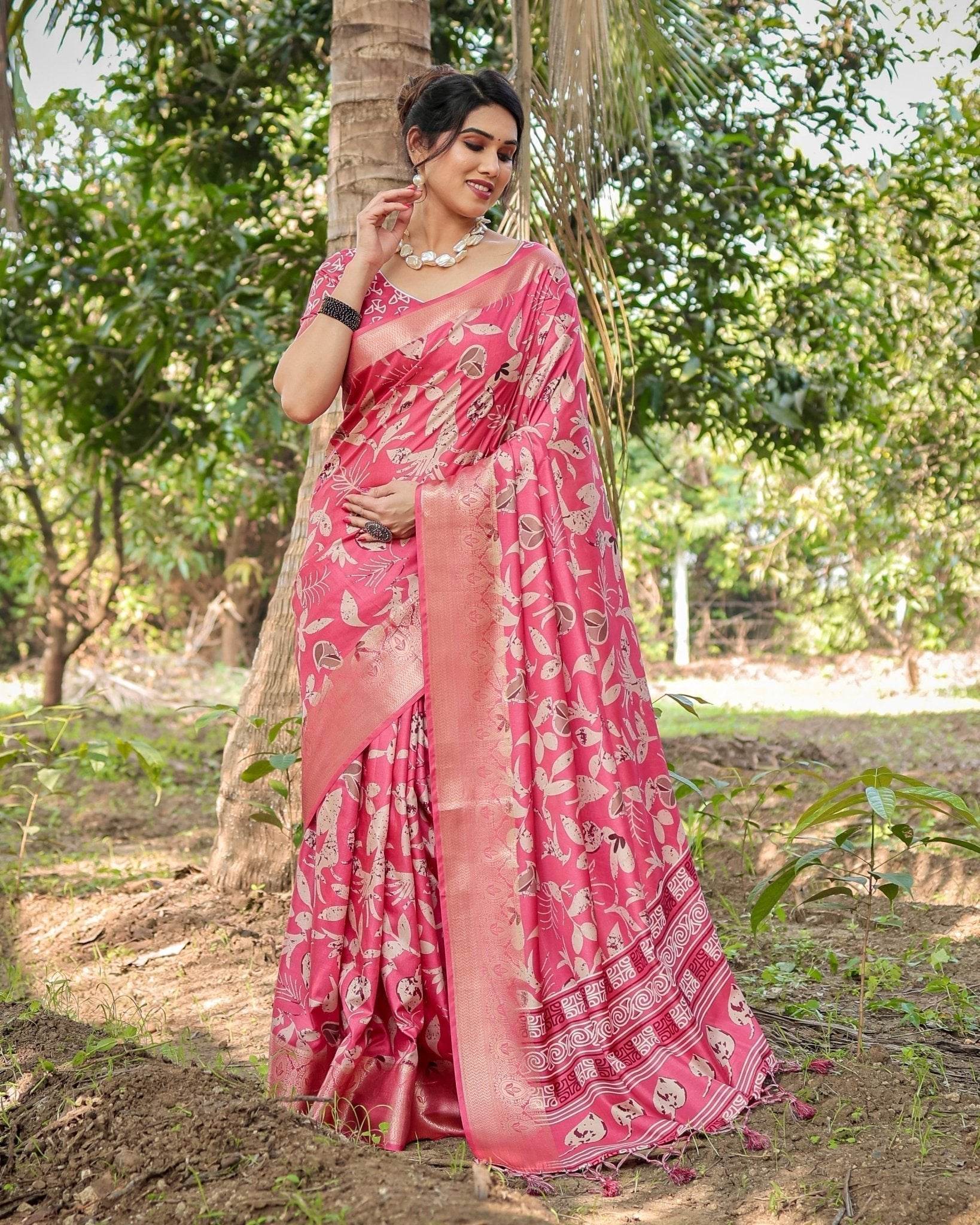 Vibrant Pink Tussar Silk Saree with Intricate Zari Border and Modern Floral Pallu - SEEANS