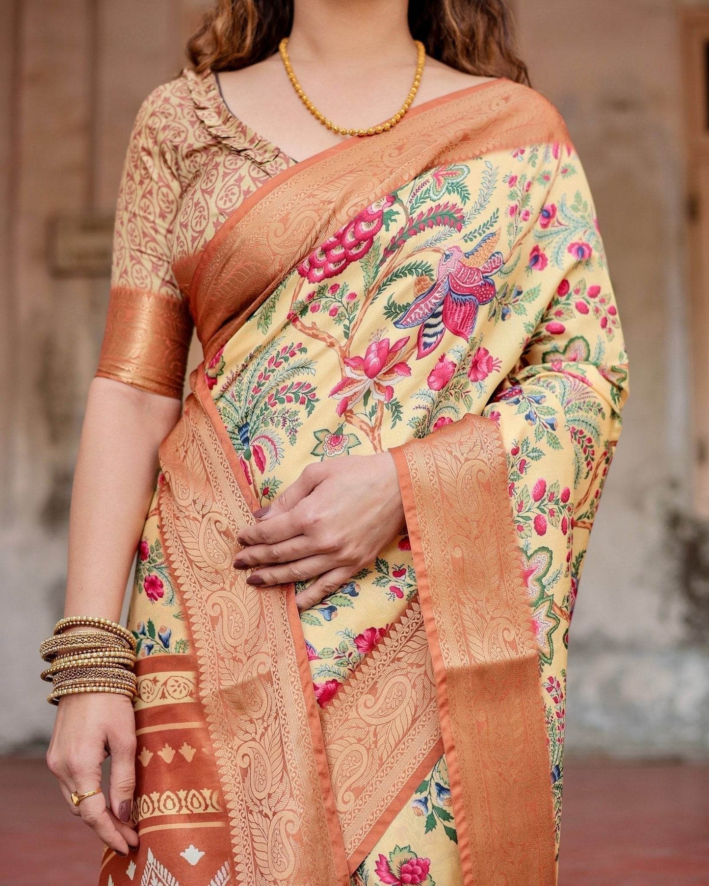 Golden Beige Tussar Silk Saree with Floral Paradise Print and Ornate Zari Border - SEEANS