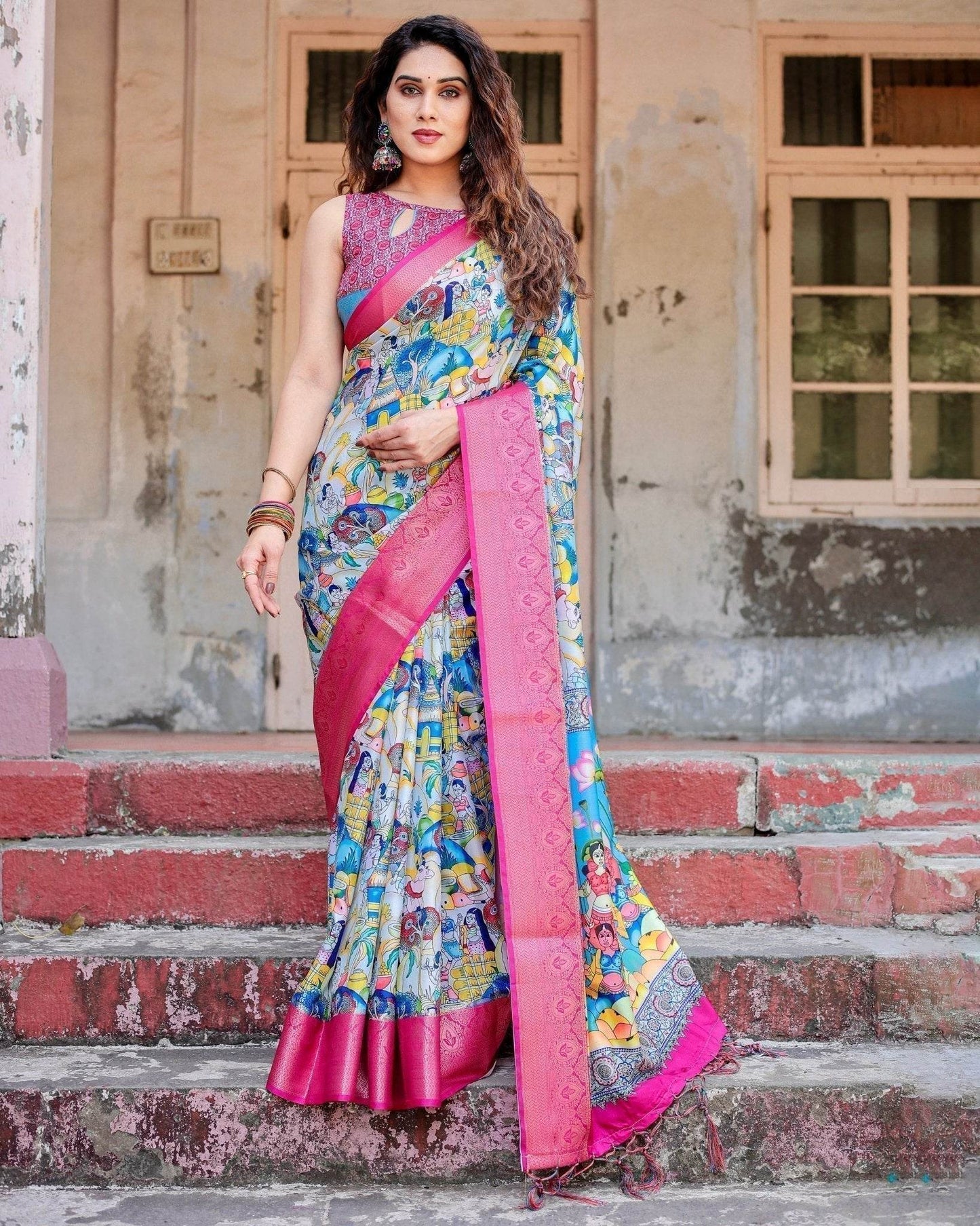 Vibrant Multicolor Digital Printed Tussar Silk Saree with Pink Zari Border - SEEANS