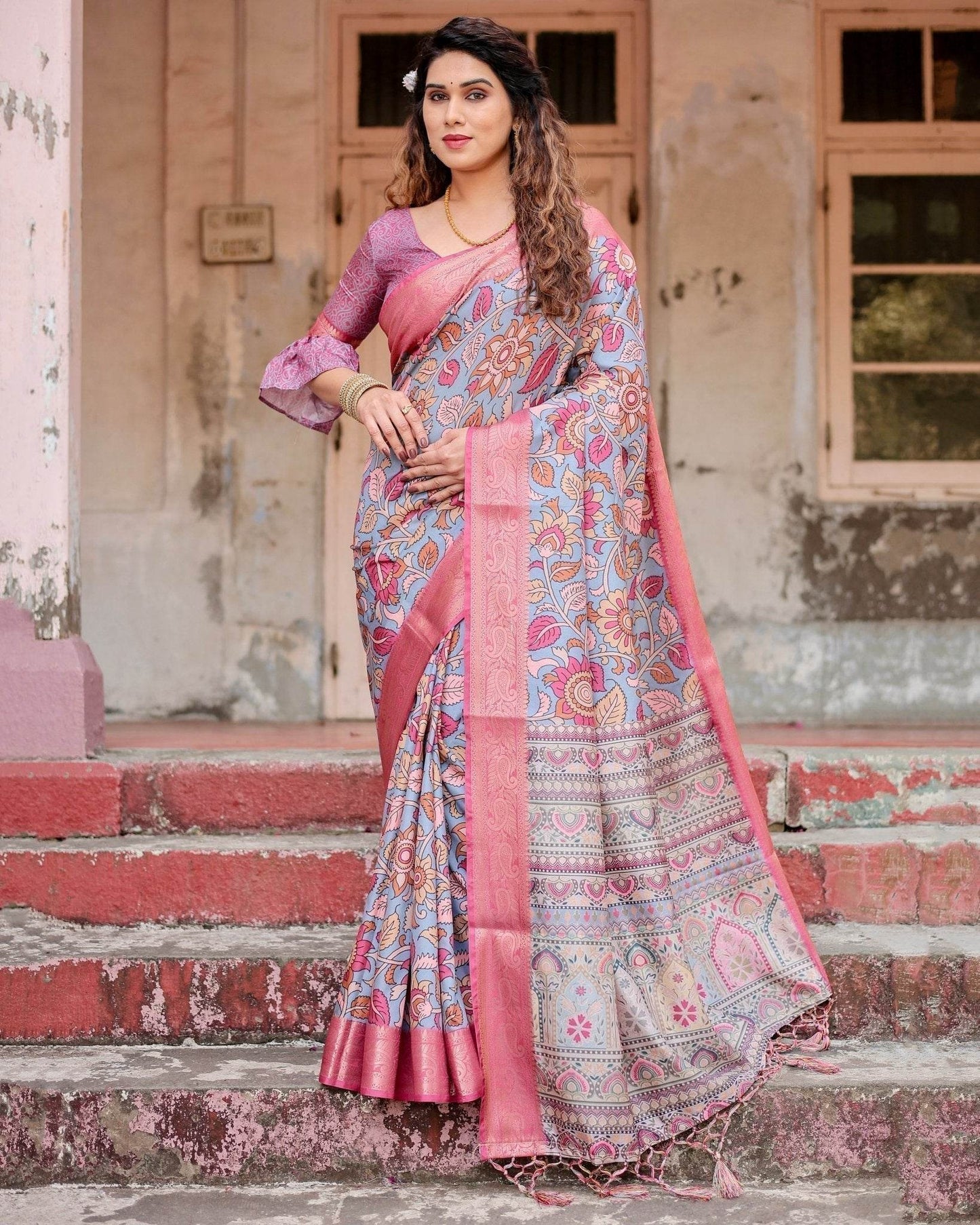 Graceful Grey Tussar Silk Saree with Pink Zari Border and Intricate Floral Motifs - SEEANS