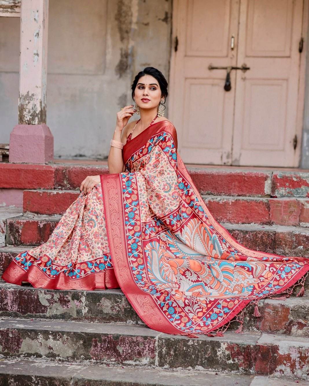 Beige and Coral Tussar Silk Saree with Intricate Floral Prints and Artistic Pallu - SEEANS