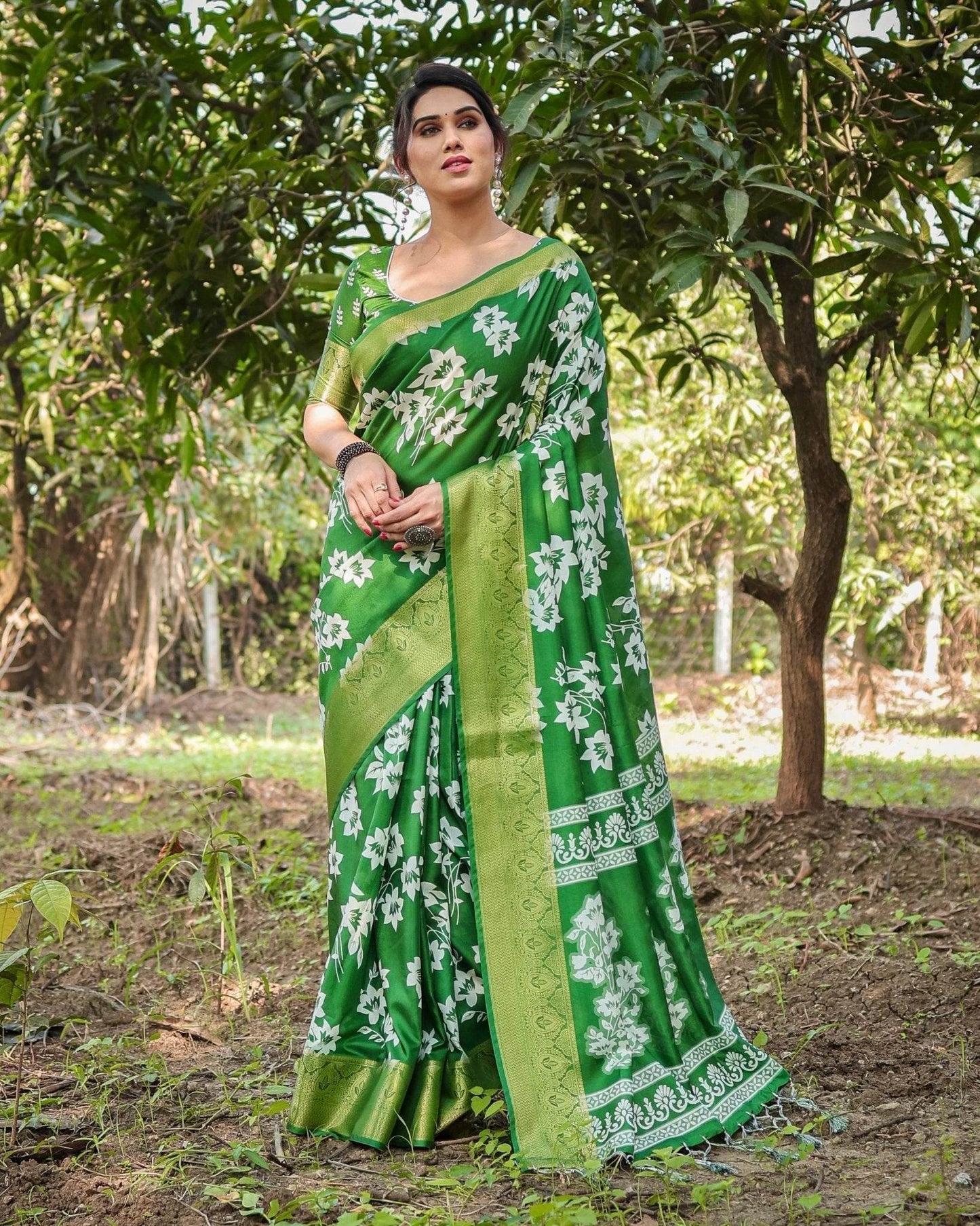 Enchanting Green Tussar Silk Saree with White Floral Prints and Zari Border - SEEANS