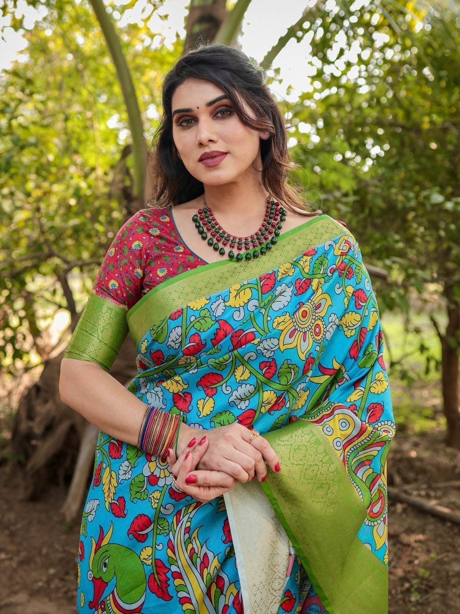 Vibrant Peacock Motif Blue and Green Tussar Silk Saree with Zari Border - SEEANS