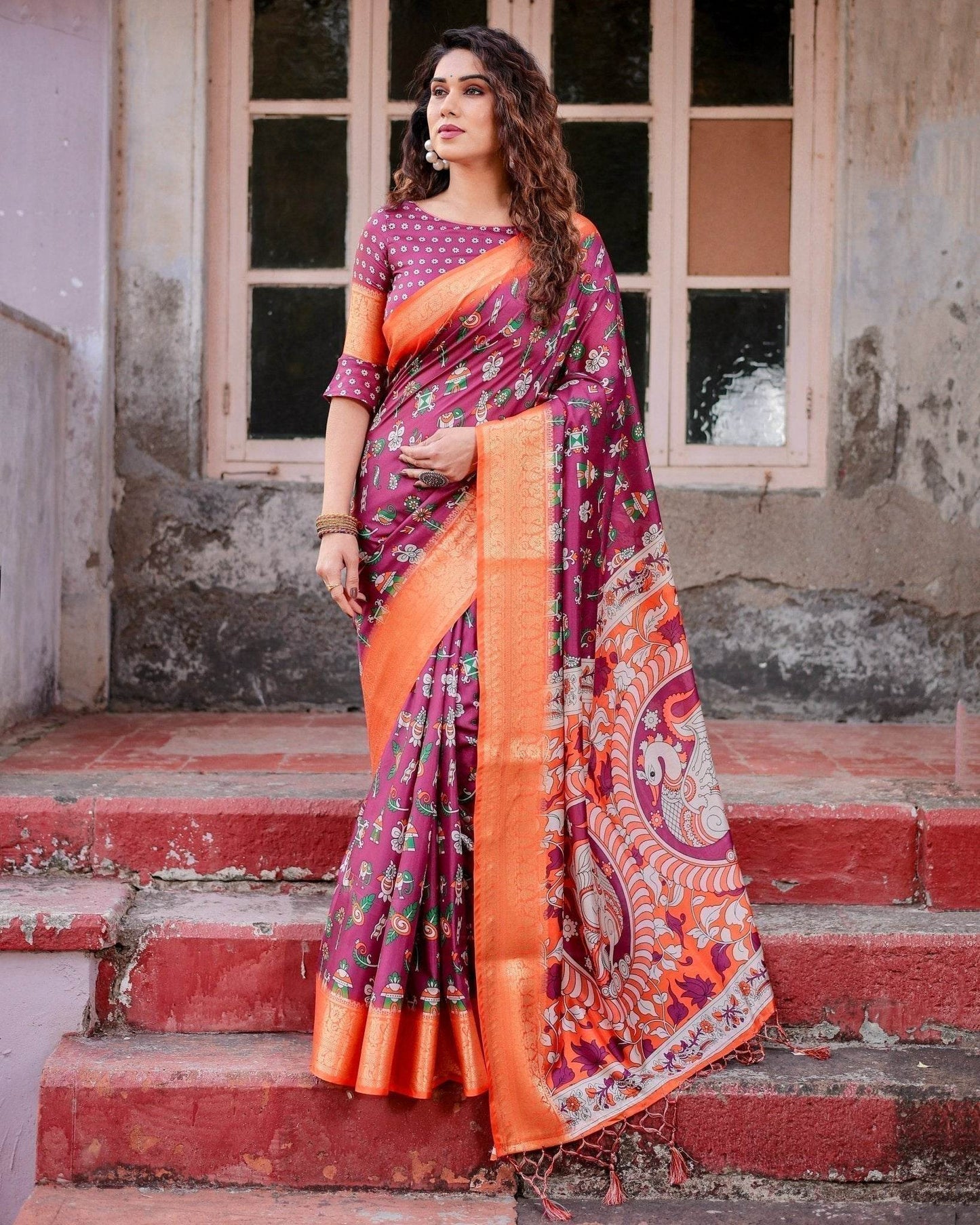 Wine Purple and Orange Tussar Silk Saree with Floral Motifs and Artistic Pallu - SEEANS