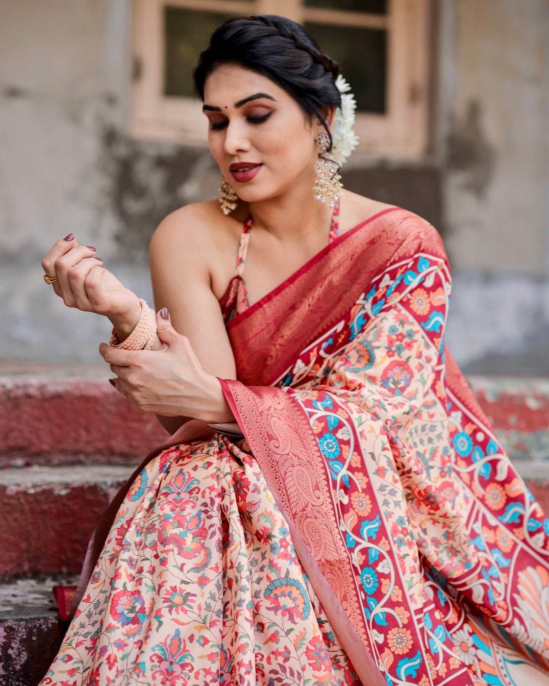 Beige and Coral Tussar Silk Saree with Intricate Floral Prints and Artistic Pallu - SEEANS