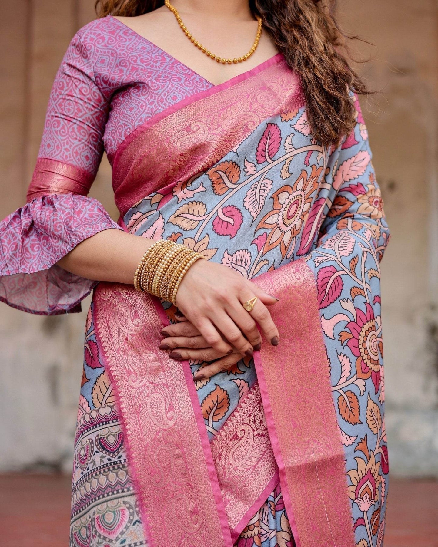 Graceful Grey Tussar Silk Saree with Pink Zari Border and Intricate Floral Motifs - SEEANS