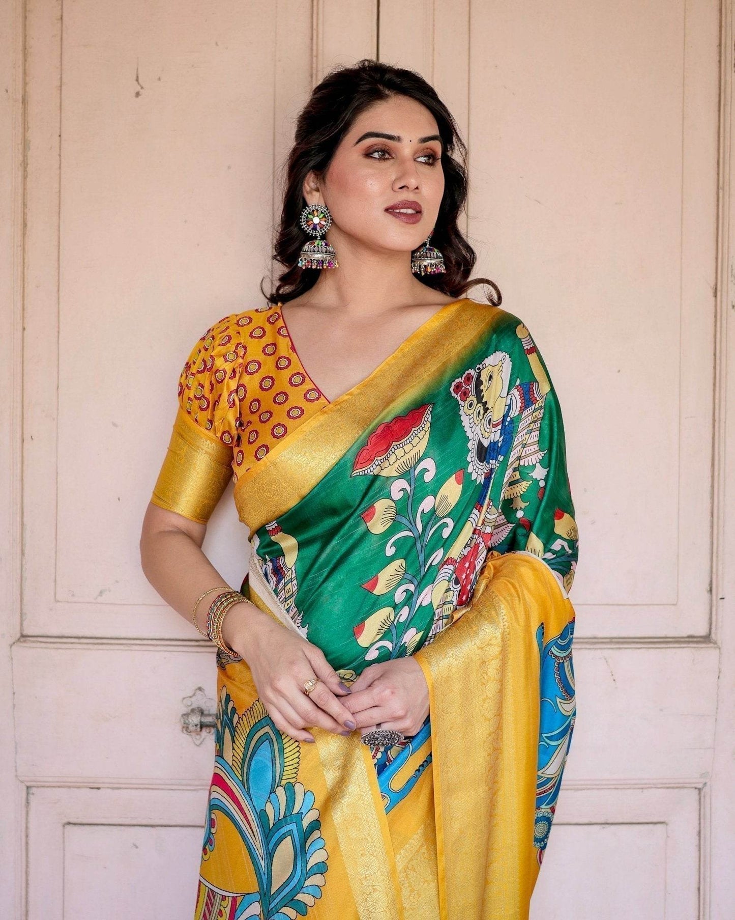 Golden Yellow Tussar Silk Saree with Vibrant Peacock Kalamkari Motifs - SEEANS