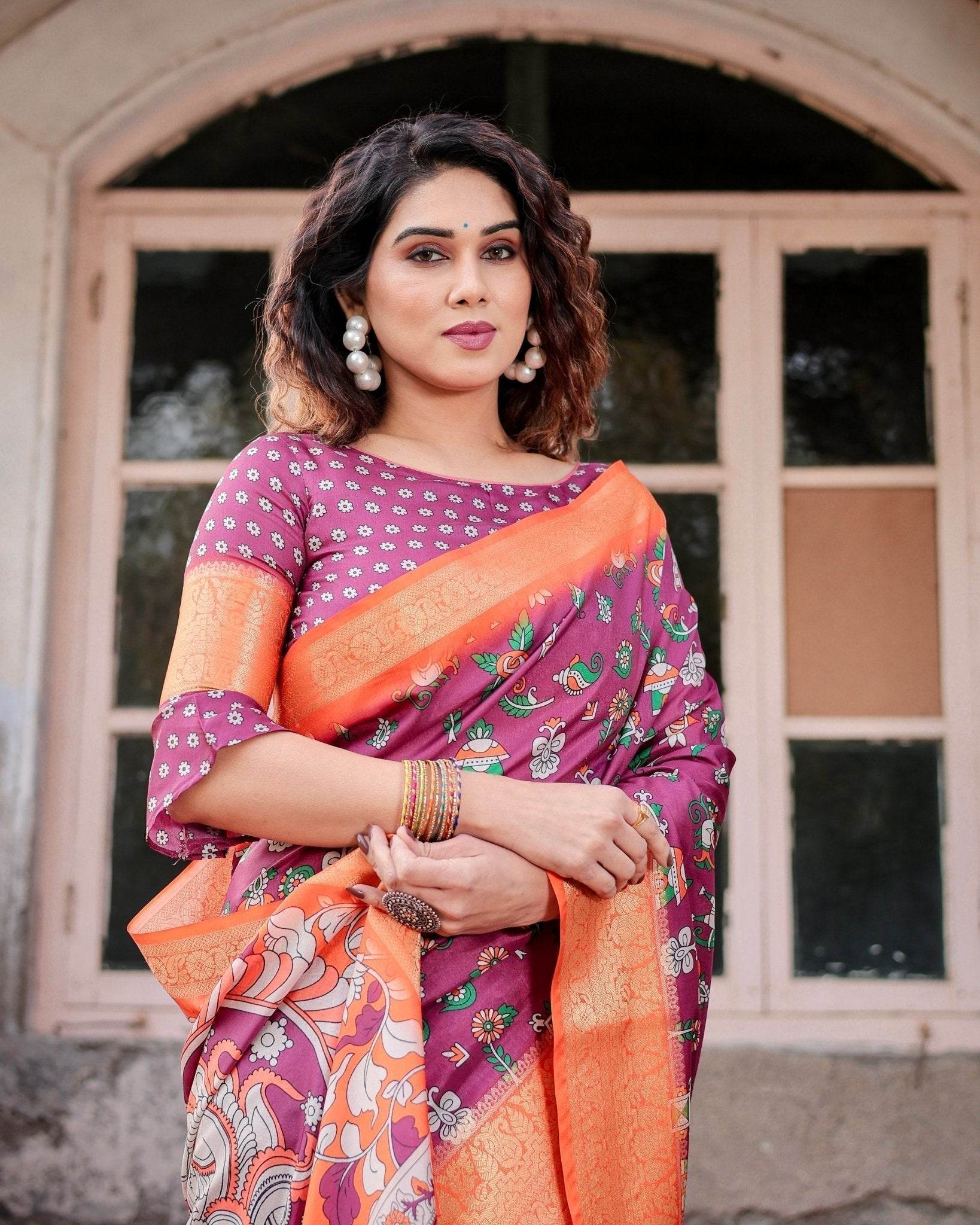 Wine Purple and Orange Tussar Silk Saree with Floral Motifs and Artistic Pallu - SEEANS