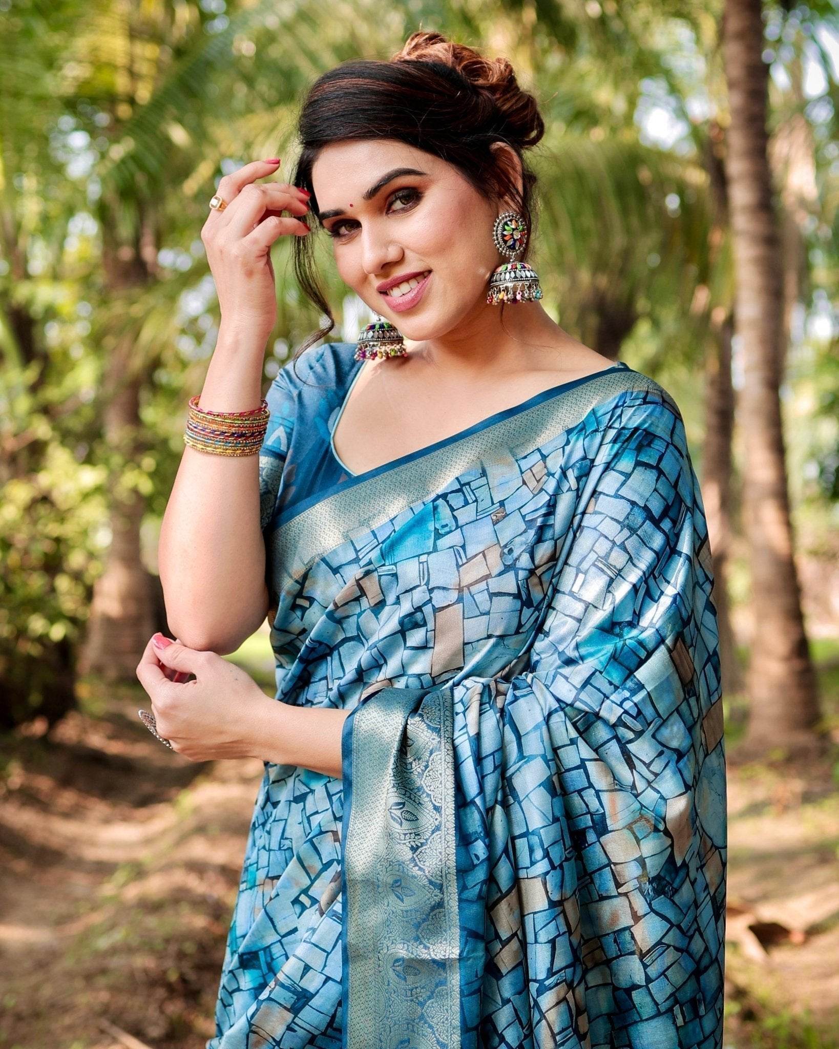 Mesmerizing Blue Tussar Silk Saree with Golden Zari Border and Mosaic-Inspired Pallu Design - SEEANS