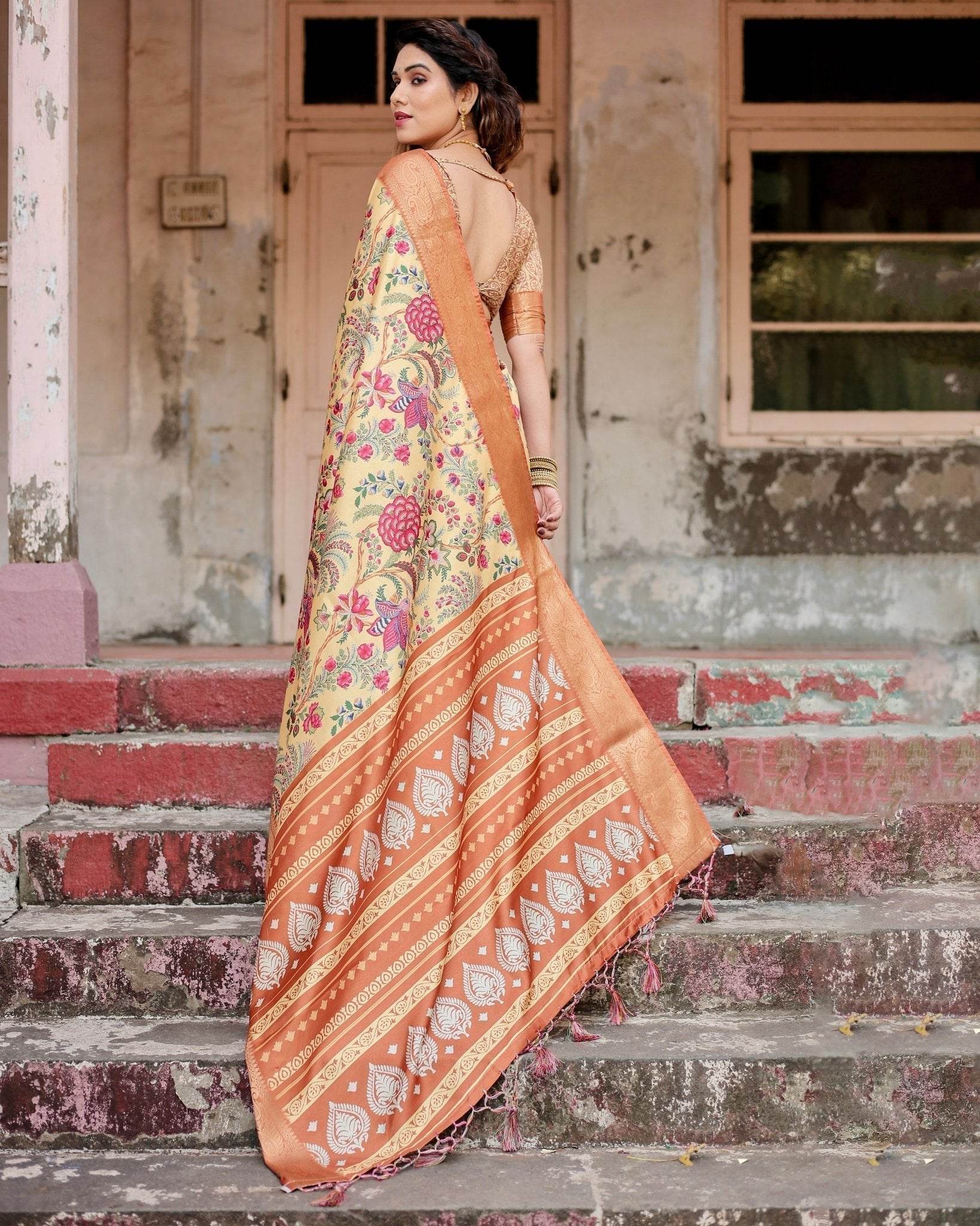 Golden Beige Tussar Silk Saree with Floral Paradise Print and Ornate Zari Border - SEEANS