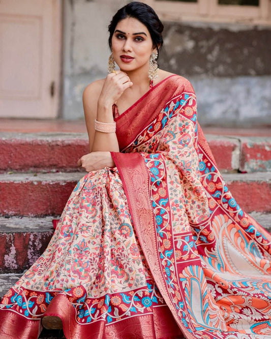 Beige and Coral Tussar Silk Saree with Intricate Floral Prints and Artistic Pallu - SEEANS