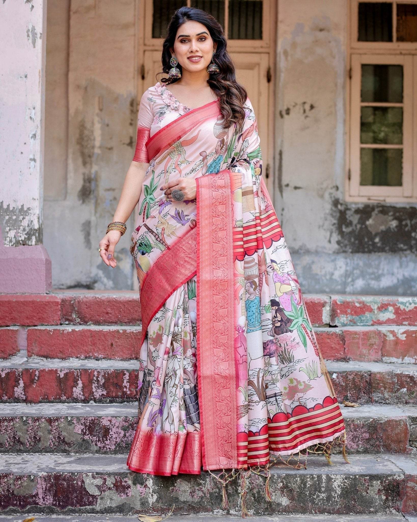 Blush Pink Digital Print Tussar Silk Saree with Vibrant Storyline Art - SEEANS