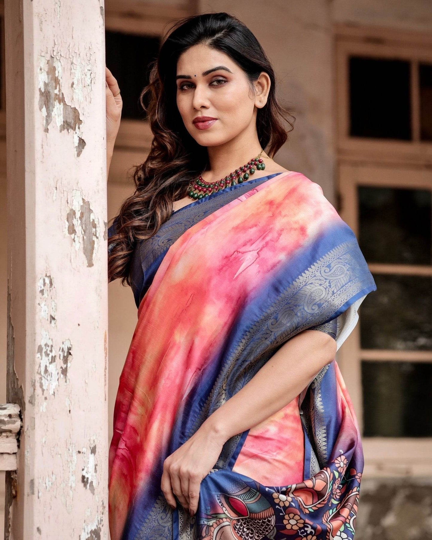 Pink and Blue Digital Printed Saree with Peacock Motif and Tassel Detail - SEEANS